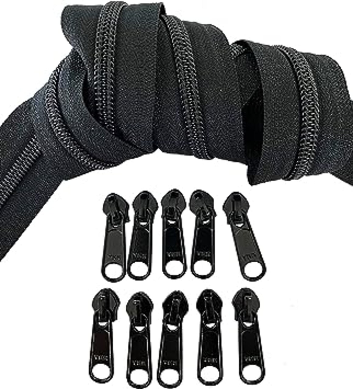 #5 YKK Continuous Nylon Coil Black Zipper Chain Includes #5 Black Non-Locking Long Pulls with Bottom Stops - Color Black - Choose Your Length - Made in The United States (20 Yards & 25 Pulls)